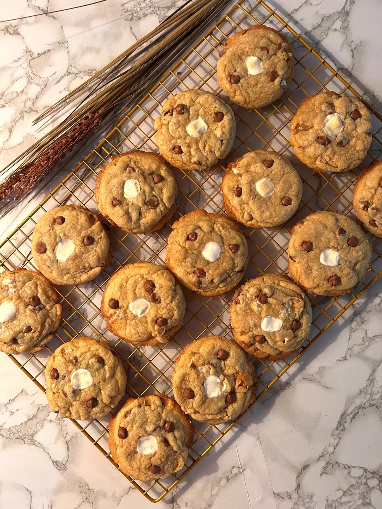 A tray of chocolate chip cookies with marshmallow centres